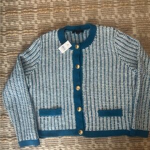 Ann Taylor Teal and White Cardigan with Gold Accent medium NWT